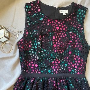 ANTHROPOLOGIE | Pink and Green Black Lace Dress With Pockets